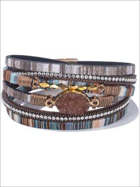 Boho Leather Wrap Bracelet Stackable Beaded Crystal Stone Western Jewelry
